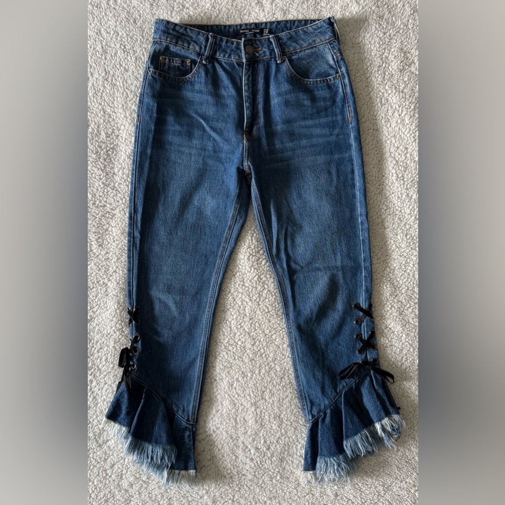 Bershka Denim Collection Jeans with Ruffled Flare at Ankles Frayed Hem Size 6